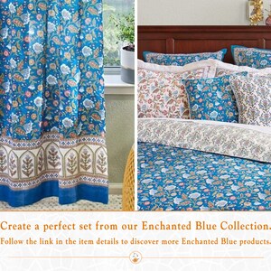 May include: A blue and white floral patterned bedspread and pillow set. The bedding features a traditional Indian design with a blue background and white floral accents. The set includes a duvet cover, pillowcases, and a throw pillow.