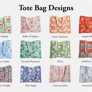 May include: A collection of twelve rectangular tote bags with various floral and botanical patterns, labeled with names including Eden's Melody, Ballet of Poppies, Sunset Radiance, Sangria Blooms, Windsor Garden, Emerald Plantation, Olivia, Sunflower Blaze, Tangerine Twilight, Blue Poppy, Crimson Jardin, and French Riviera.