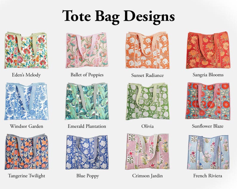 May include: A collection of twelve rectangular tote bags with various floral and botanical patterns, labeled with names including Eden's Melody, Ballet of Poppies, Sunset Radiance, Sangria Blooms, Windsor Garden, Emerald Plantation, Olivia, Sunflower Blaze, Tangerine Twilight, Blue Poppy, Crimson Jardin, and French Riviera.