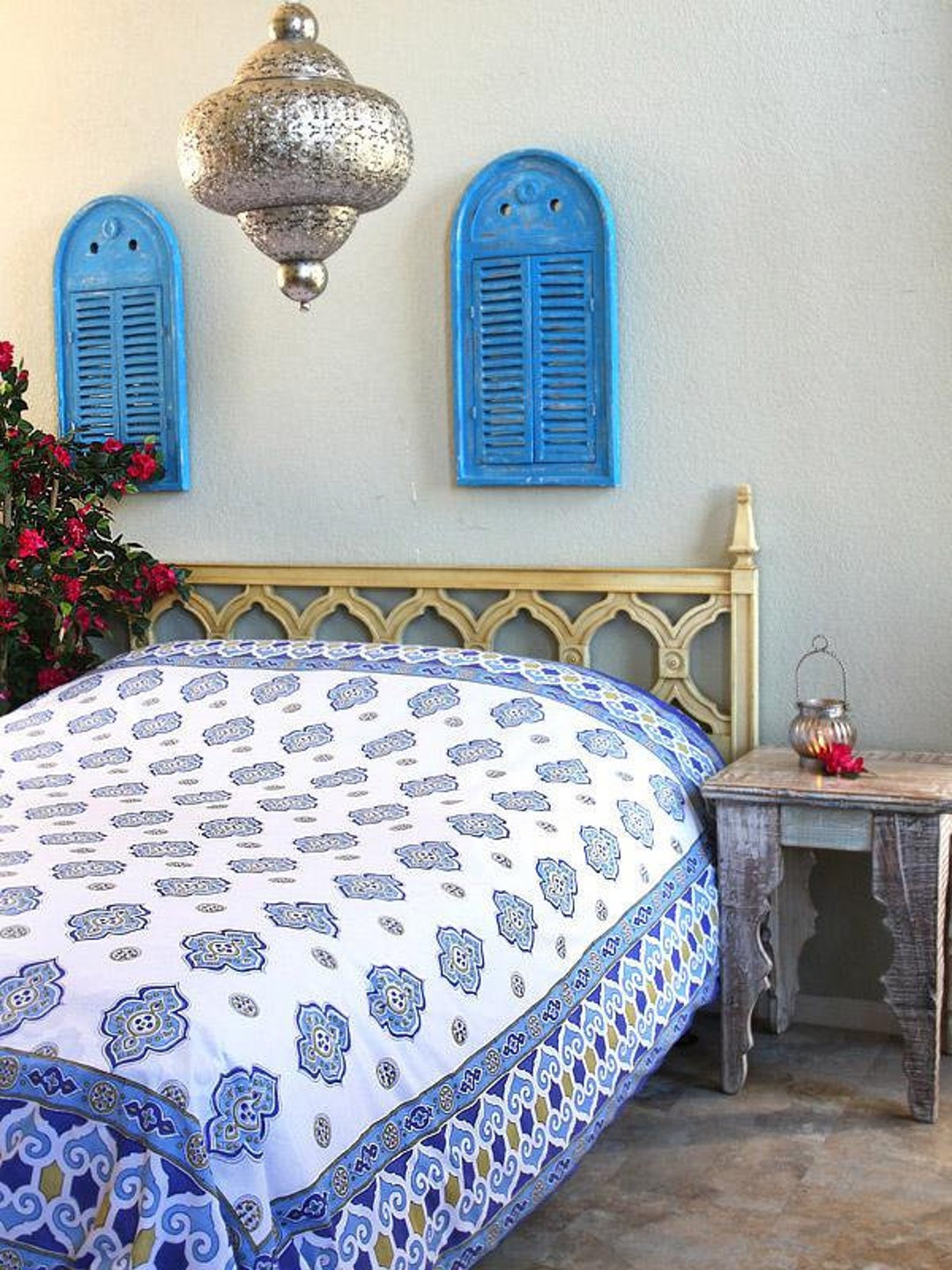 Moroccan Bedspread Handmade Blanket Kantha Quilt White Quatrefoil Print Bedspread Kantha Throw Moroccan Blanket Casablanca Etsy