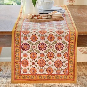 Persian Table Runner, Luxury Table Cloth, Indian Block Print Table Runner, Orange Tablecloth, Kitchen Gift, Grandma Gift - Orange Blossom