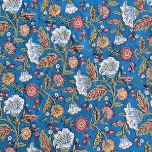 May include: A blue fabric with a floral pattern. The flowers are white, pink, and yellow. The fabric has a vintage look.