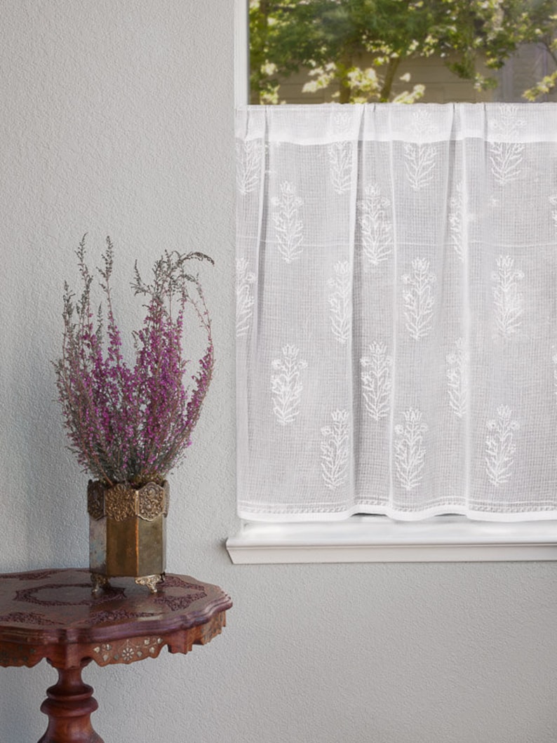 Tulip Mist ~ White Floral Sheer Kitchen Cafe Curtain