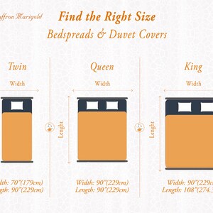 May include: Diagram showing the different sizes of bedspreads and duvet covers. The sizes are twin, queen, and king. The dimensions are shown in inches and centimeters. The twin size is 70 inches wide by 90 inches long (179 cm x 229 cm). The queen size is 90 inches wide by 90 inches long (229 cm x 229 cm). The king size is 90 inches wide by 108 inches long (229 cm x 274.3 cm).