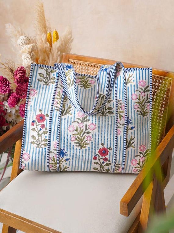 Quilted Handbag, Sturdy Tote Bag with Pocket, Cotton Shopping Bag, Birthday Gifts, Travel Accessories, Bags And Accessories ~ French Riviera