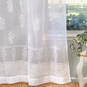 Sheer Curtains With Pattern, White Voile Sheer Curtains, Boho Curtains Bedroom, Indian Cotton Sheer Curtains, Lace Curtains ~ Tulip Mist