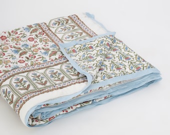 Jaipuri Razai Quilt ~ Handcrafted artisanal quilted beds, block printed in India ~ Enchanted - Ivory