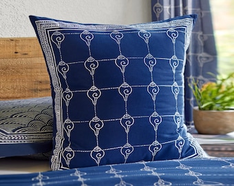 Pacific Blue (CP) ~ Marine shells patterned bohemian throw pillow. Indian block printed euro sham decor