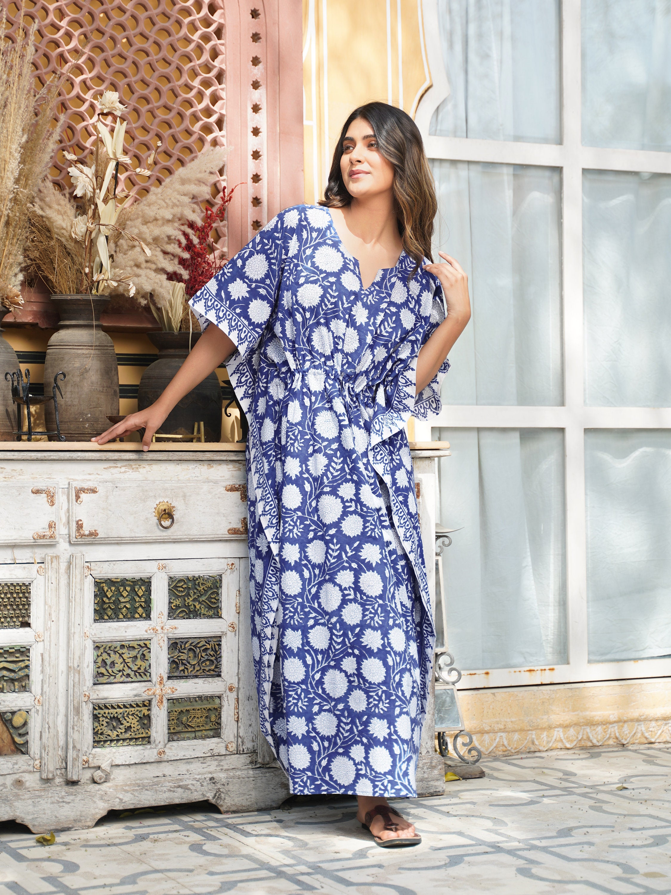 Phagun Women's Blue Floral & Skull Print Kaftan Dress - Beach Cover Up Or Loungewear, 38" Length - View #3