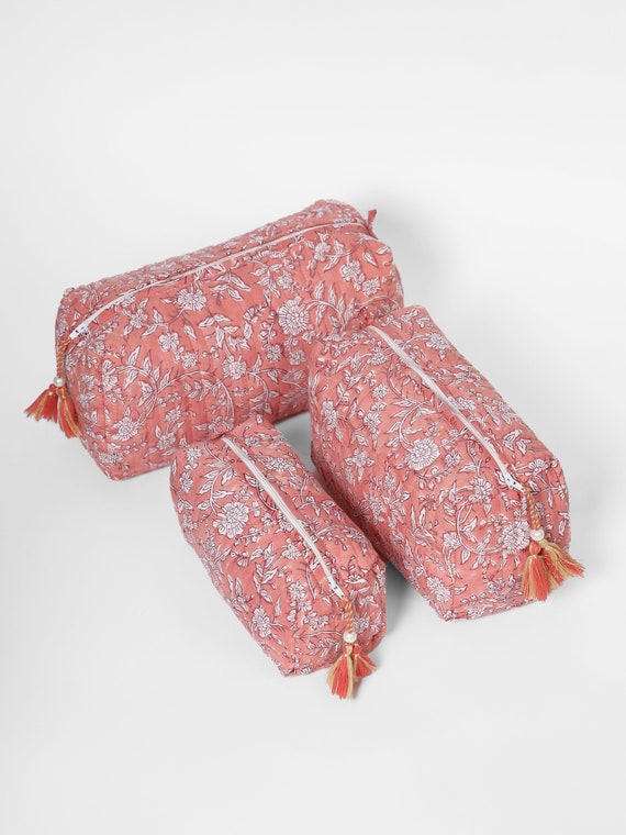 Set Of 3 Quilted Cosmetic Bags, Block Printed Toiletry Bags, Quilted Makeup Bags, Valentines Day Gift, Coral Flowers ~ 14 designs available