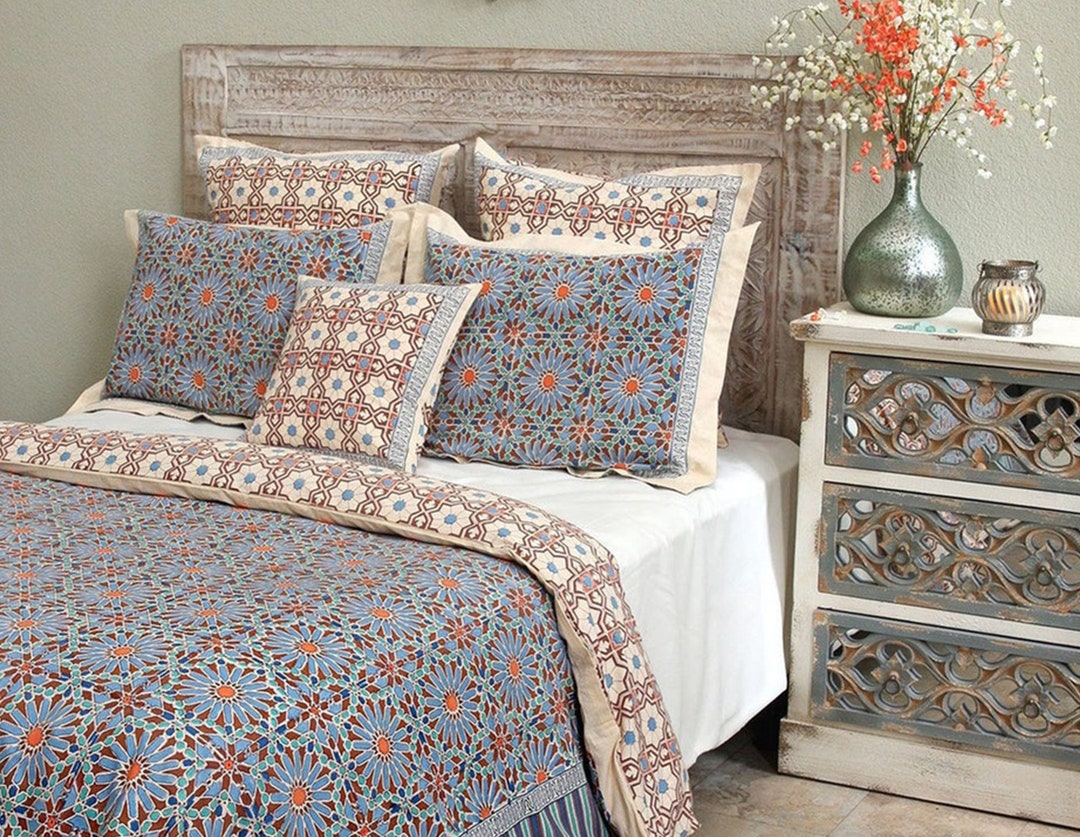 Moroccan Duvet Cover, Indian Block Printed Duvet Cover, Kantha Duvet