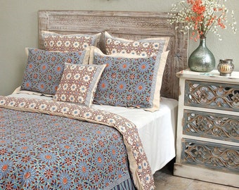 Moroccan Duvet Cover, Indian Block Printed Duvet Cover, Kantha Duvet Cover, Duvet Cover, Cottagecore Duvet Cover - Mosaique Bleue