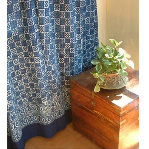 Starry Nights shops - Fabric Shower Curtain, Batik Flower Curtain Panel, Indian Print Curtains, Indigo Blue Shower Curtain, Bathroom Decor, Boho