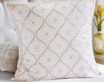 White Gold Luxury Euro Sham, Indian Hand Block Printed Pillow Cover, Cotton Euro Sham ~ Vanilla Glacé