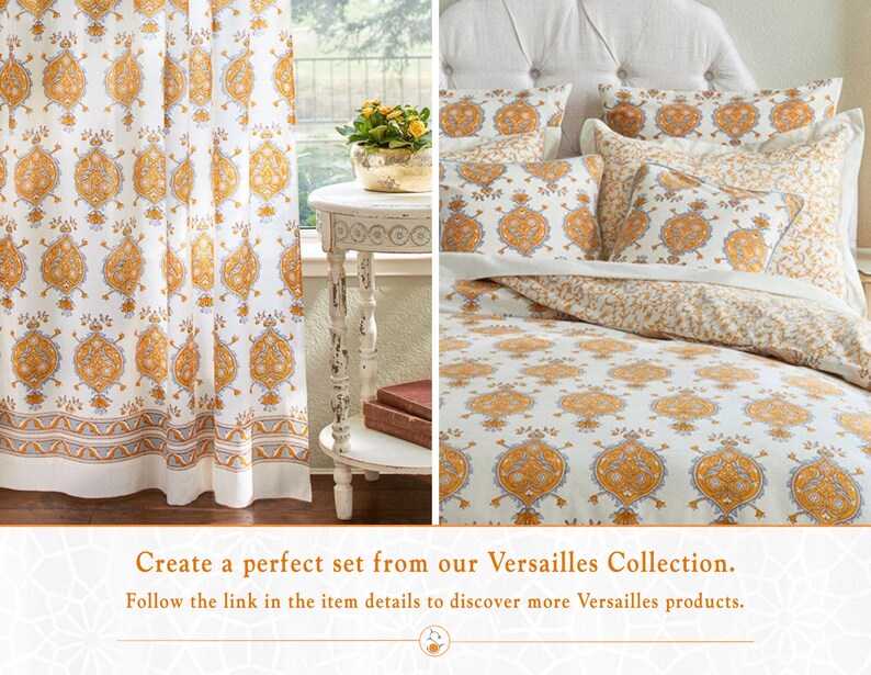 May include: White bedding with a yellow and gray paisley pattern. The bedding is shown on a bed with pillows and a headboard. The bedding is also shown as curtains in a room with a side table and books.