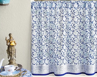 Midnight Lotus blue cafe curtains - Blue and white kitchen curtain - Indian cafe curtains for kitchen