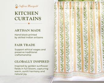 Botanical Block Printed Cafe Curtains For Kitchen - Luxury fabrics handcrafted in India - Fall Home Decor ~ Sunflower Serenade CP
