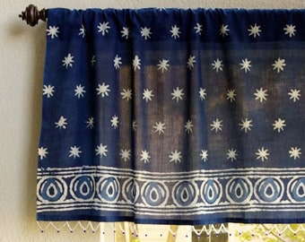 Starry Nights (CP) ~ Indian Blue Window Valance, Batik Beaded Kitchen Curtain, Window Treatment, Farmhouse Curtain Panels, Ethnic Curtains