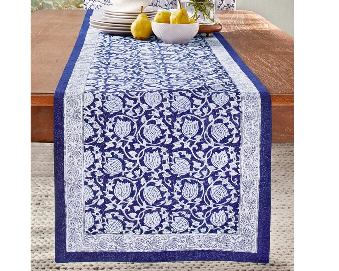 Midnight Lotus Blue Table Runner, Indian Table Runner, Batik Table