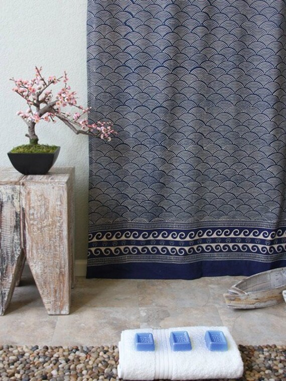 Pacific Blue Rustic Navy Ocean Asian Inspired Shower Curtain Etsy