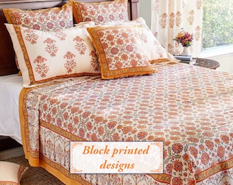 Orange Blossom ~ Artisan Bedspread, Indian Woodblock Printed Bedding, Persian Throw Blanket, Cottage Bedspread,Mediterranean,Saffronmarigold