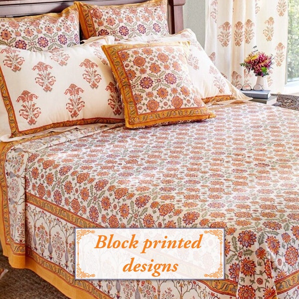 Orange Blossom ~ Artisan Bedspread, Indian Woodblock Printed Bedding, Persian Throw Blanket, Cottage Bedspread,Mediterranean,Saffronmarigold