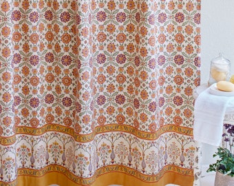 Block Print Shower Curtains, Orange Persian Curtains, Moroccan Bath Curtains, Bohemian Curtains, Country Cottage, Bathroom ~ Orange Blossom