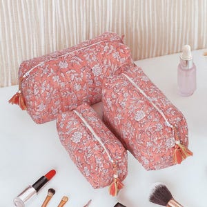 Set Of 3 Quilted Cosmetic Bags, Block Printed Toiletry Bags, Quilted Makeup Bags, Accessory Gift, Coral Flowers ~ 14 designs available