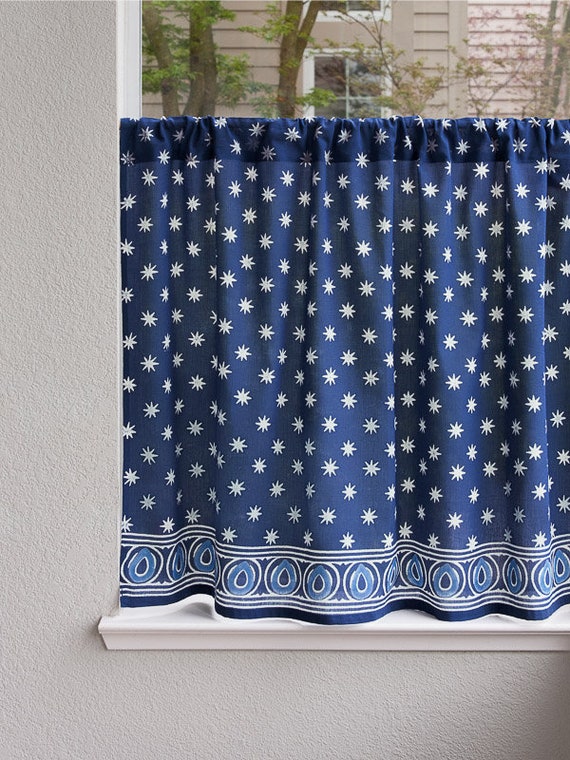 Starry Nights Cp Indian Blue Batik Kitchen Cafe Curtain Etsy