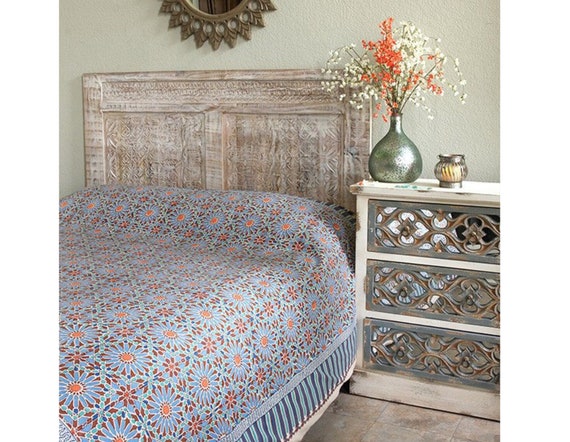 Mosaique Bleue Moroccan Bedspread Moroccan Bedding Blue Bedspread Throw Blanket Indian Print Blanket Moroccan Coverlet Hand Blocked Etsy