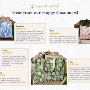 May include: A collection of three tote bags featuring floral patterns in blue, pink, and green. Each bag has two handles and a rectangular shape. The image includes customer reviews with five-star ratings and text from Elizabeth, Selia, Laura, Donna, and Nina.