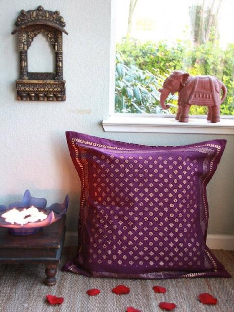 Mystic Amethyst ~ Plum Purple /& Gold Sari Print India Euro Sham