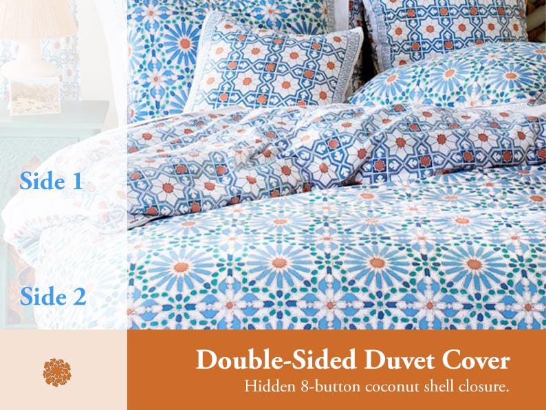 May include: Double-sided duvet cover with a blue and white geometric pattern. One side features a larger, more intricate pattern, while the other side has a smaller, more subtle pattern. The duvet cover has a hidden 8-button coconut shell closure.