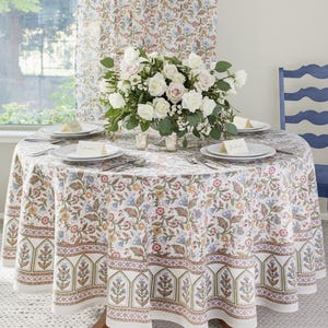 Garden Round Tablecloth, Floral Print Tablecloth, Cottagecore Decor, Country Kitchen Tablecloth, Outdoor Entertaining ~ Enchanted - Ivory