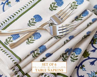 Spring Set Of 6 Napkins, Floral Block Printed Napkins, Reusable Kitchen Accessories, Dinner Napkins, Outdoor Entertaining - Moonlit Taj