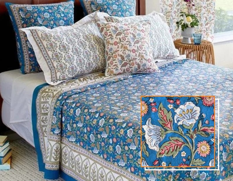 May include: A blue and white floral patterned quilt with a close-up of the floral design. The quilt has a white border with a blue and white floral pattern.