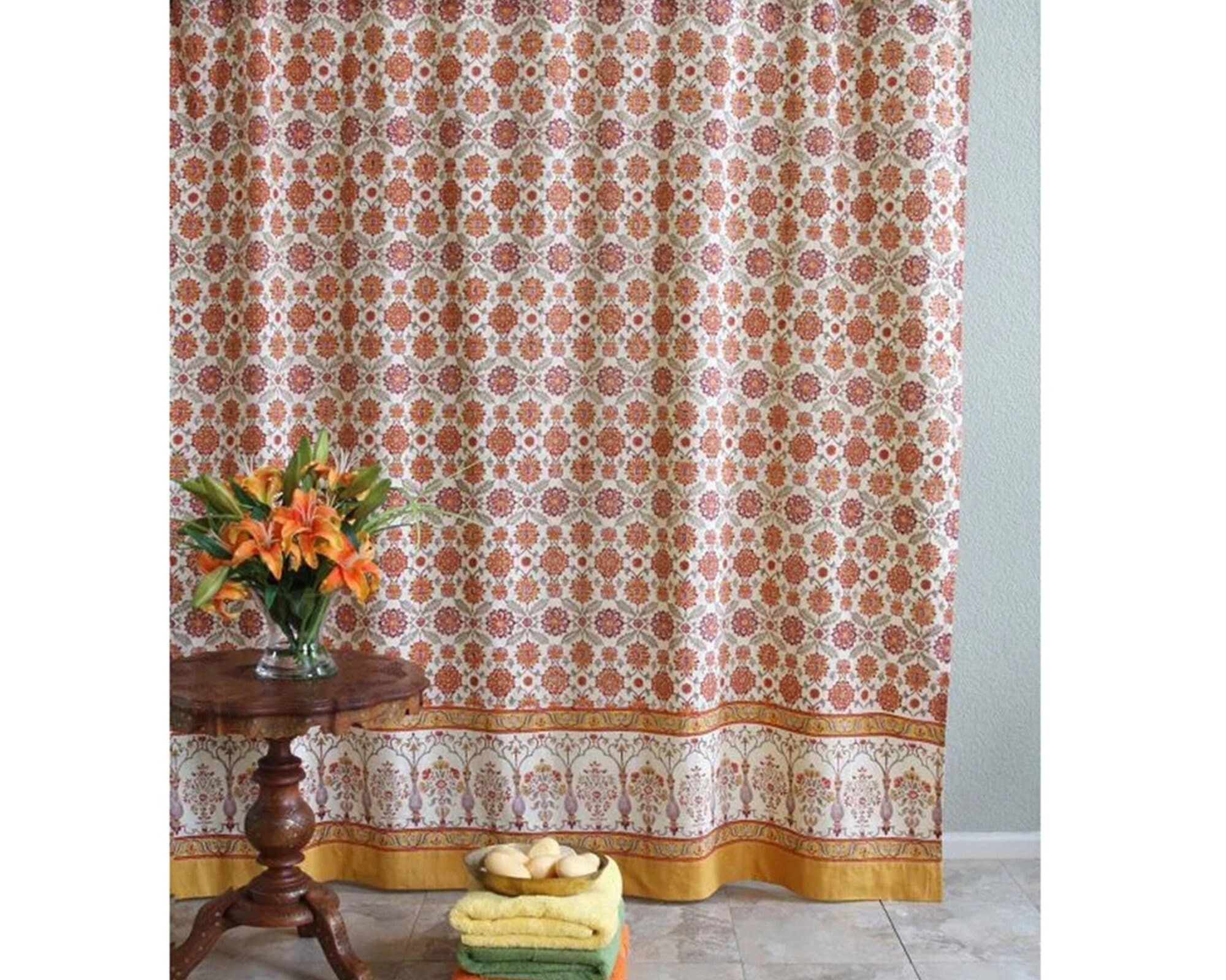 Block Print Shower Curtains, Orange Persian Curtains, Moroccan Bath