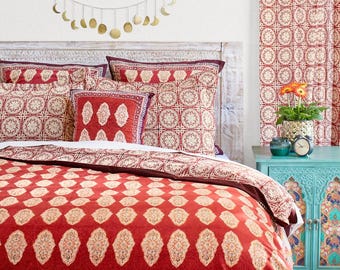 Spice Route ~ Unique Red Duvet Cover, Orange Luxury Duvet, Bright Home Decor, Moroccan Duvet Cover, Block Print Duvet Cover, Boho King Duvet