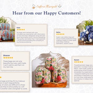 May include: A collection of quilted toiletry bags featuring various floral block print patterns in blue, orange, and green colorways. Each bag includes a zipper closure with a decorative tassel pull. The image displays customer reviews and testimonials.