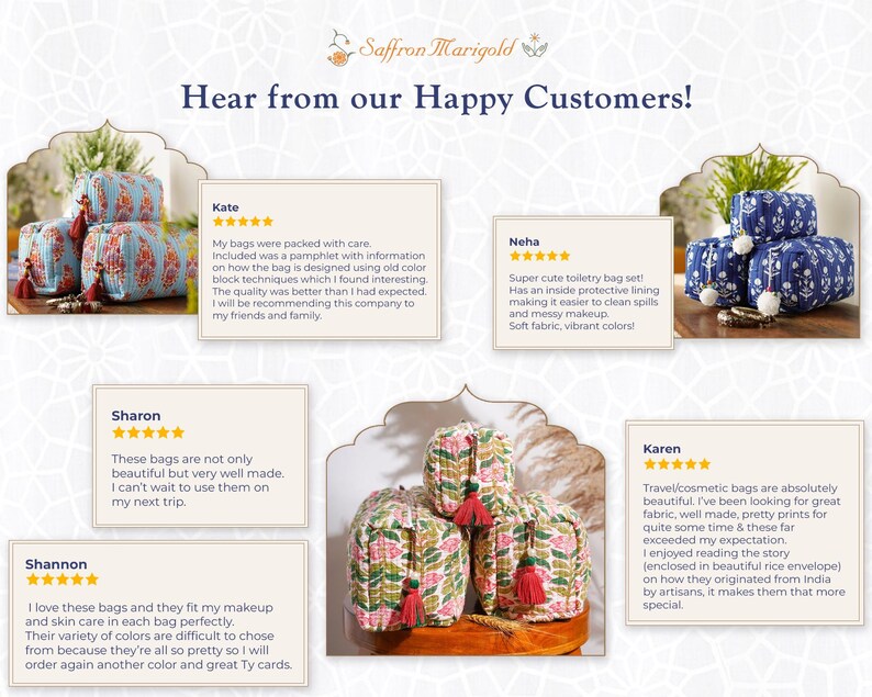 May include: A collection of quilted toiletry bags featuring various floral block print patterns in blue, orange, and green colorways. Each bag includes a zipper closure with a decorative tassel pull. The image displays customer reviews and testimonials.