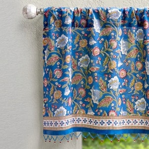 Enchanted - Blue ~ Moroccan Curtains, Window Valance, Cafe Curtains, Indian Block Printed Curtains, Beaded Window Treatment,Modern Farmhouse