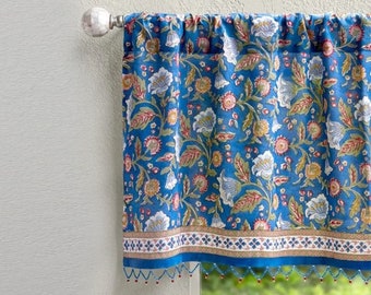 Enchanted - Blue ~ Moroccan Curtains, Window Valance, Cafe Curtains, Indian Block Printed Curtains, Beaded Window Treatment,Modern Farmhouse