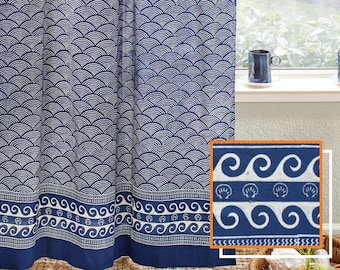 Greek Blue Design Curtains, Block Print Curtains, Beach Curtains, Ocean Wave Curtain Sheer, Nautical Curtains, Summer Style ~ Pacific Blue