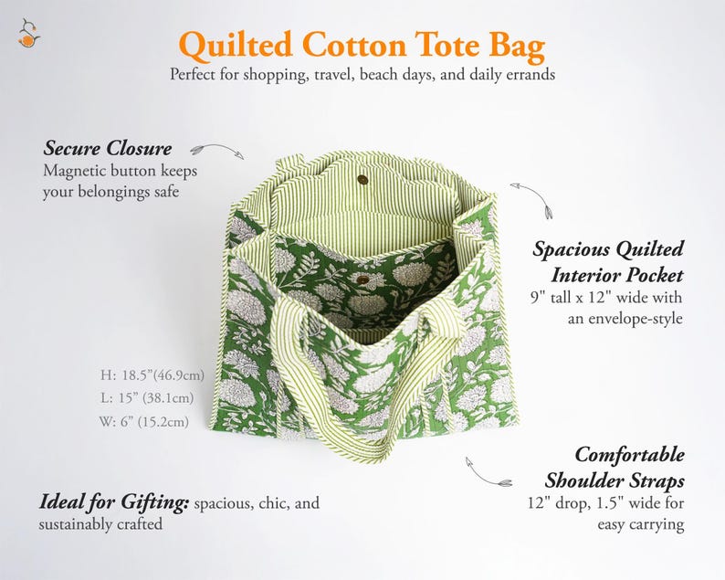 May include: A green and white floral quilted cotton tote bag with striped handles and interior lining. It features a magnetic button closure, a 9-inch by 12-inch interior pocket, and 12-inch drop straps. Dimensions are 18.5 inches H by 15 inches L by 6 inches W.