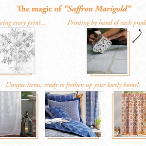 May include: A collage of images showcasing the process of creating unique home decor items. The first image shows a hand-drawn illustration of a flower. The second image shows a hand using a wooden block to print a pattern onto fabric. The third image shows a white curtain with a floral pattern. The fourth image shows a blue and white patterned bedspread. The fifth image shows a red and orange patterned curtain.