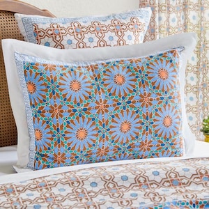 Standard Pillow Shams, Fall Host Gift, Block Print Pillow Case, Handmade Throw Pillow, King Size Pillow Sham ~ Mosaique Bleue - Earth