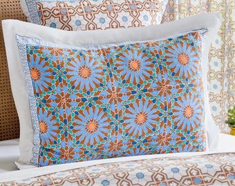 Standard Pillow Shams, Wedding Gift, Block Print Pillow Case, Handmade Throw Pillow, King Size Pillow Sham ~ Mosaique Bleue - Earth
