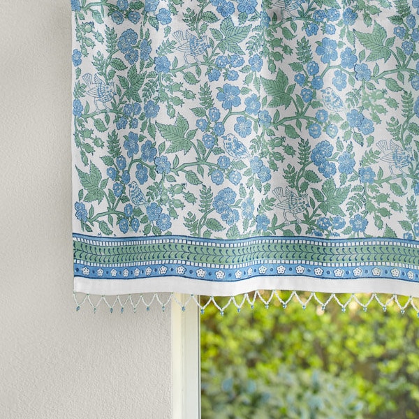 Beaded Trim Valance, Kitchen Curtain, Hand Printed Curtain, Block Print Curtain, Window Curtain, Indian Drape, Cafe ~ Woodland Ferns CP