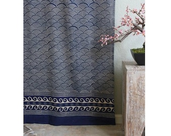 Pacific Blue ~ Batik Shower Curtain, Indian Fabric Shower Curtains, Wave Patterned Blue Bathroom Decor, Bohemian Ocean Curtains,Ethnic Print