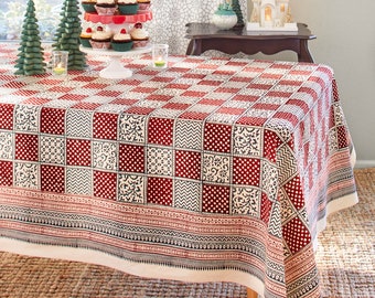 Rectangle Tablecloth, Red Plaid Tablecloth, Hand Block Printed Tablecloth, Festive Table Cover, Gift For Home, Gift For Mother - Fete Royale